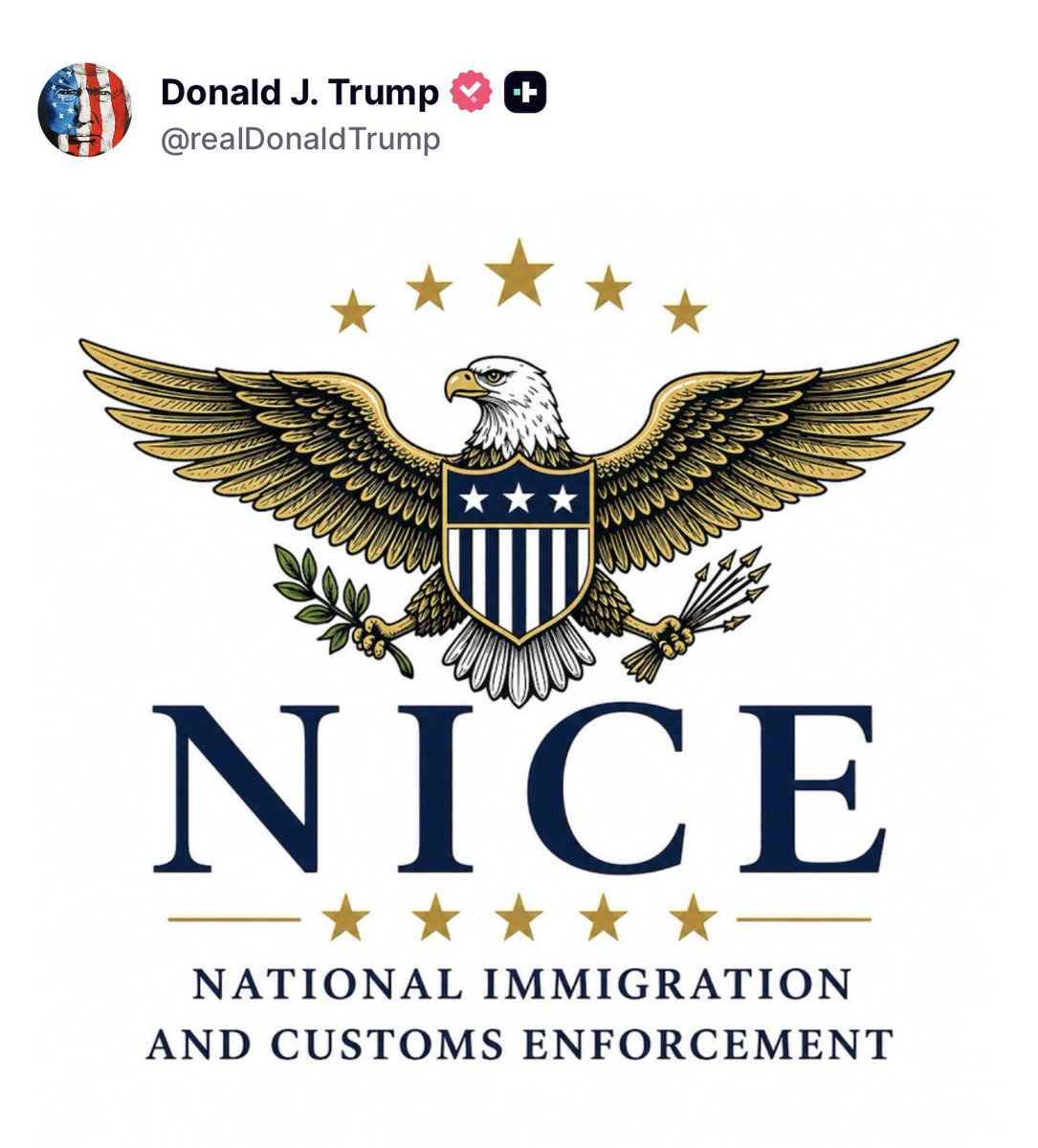 🚨😎哇！川普总统刚刚公布了可能成为 NICE 新标志的设计！ NICE = National Immigration and Customs ...