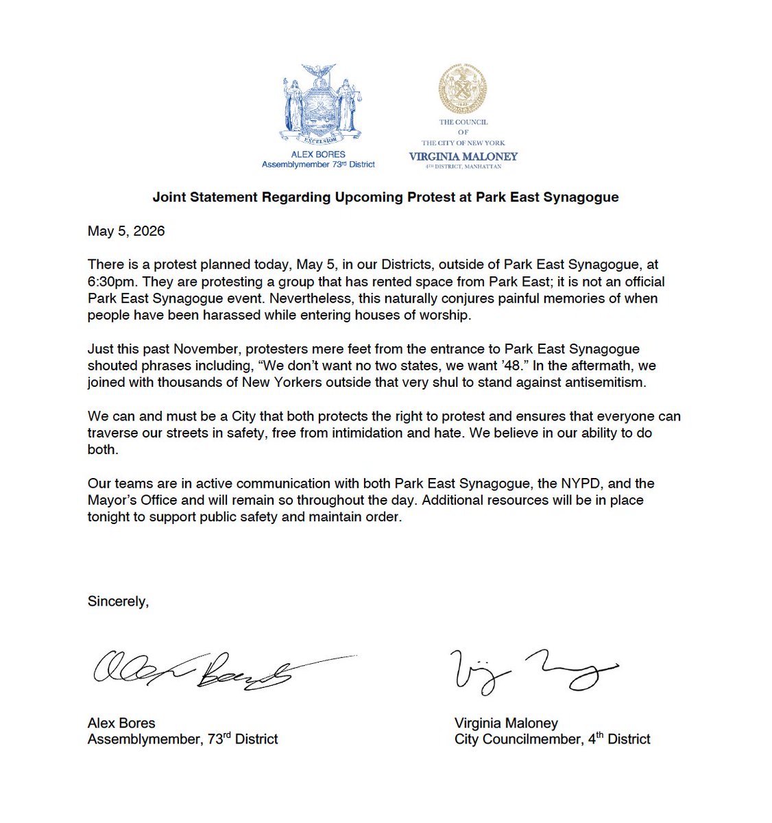 vmmaloney's tweet photo. Joint Statement with Assemblymember @AlexBores  Regarding Upcoming Protest at Park East Synagogue https://t.co/fw5orIZr8f