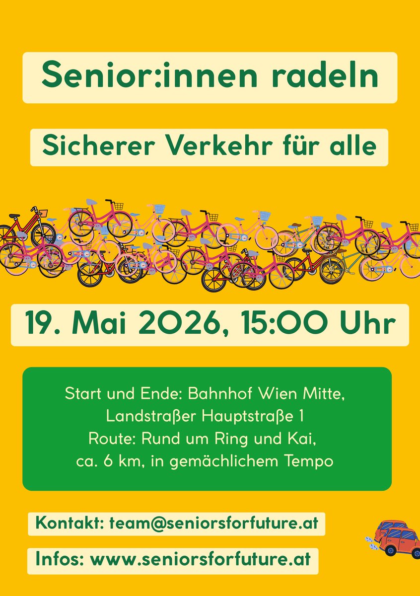 PFF_Austria's tweet photo. Am 19. Mai fordern die Seniors For Future mit ihrem "Senior:innen radeln" Sicherheit im Verkehr für alle Verkehrsteilnehmer:innen. Ab 15 Uhr geht es in gemütlichem Tempo rund um Ring und Kai - komm auch hin und zeig der Stadtregierung, dass hier Handlungsbedarf besteht! https://t.co/iTgfDWT3eq