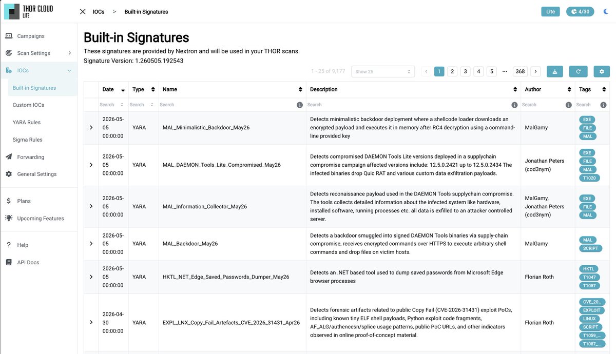 nextronresearch's tweet photo. Most of you have probably already seen the reports about the DAEMON Tools supply chain compromise

According to Kaspersky, the campaign has been active since April 8 and affected victims in more than 100 countries

On our side, we took the published indicators and turned them into practical detection content

The Nextron Research Team shared YARA rules to detect the trojanized packages, added coverage for free scanners like LOKI, Loki RS and THOR Lite, and already made the coverage available in THOR Cloud Lite so users can scan their systems for traces related to this incident

The signature-base PR is merged, and the rules should also show up in YARA Forge soon

YARA Rules by @MalGamy12 & @cod3nym 
https://t.co/1kZKHdR8yF

YARA Forge
https://t.co/LeZ0HDsice

THOR Cloud (Lite = Free)
https://t.co/TSPqOAEtDY