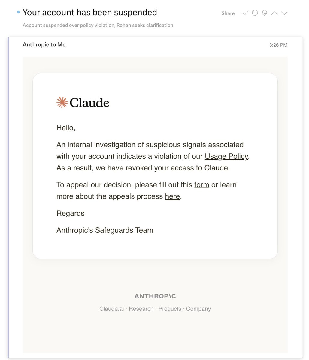 _RohanNaga's tweet photo. I guess coding and bug fixing is not allowed anymore.😅

Any help I could get on this, or clarity as to why?
Couldn't imagine any reason the account violated TOS.
@trq212 @bcherny @felixrieseberg 

@ClaudeDevs @AnthropicAI https://t.co/32ETFyBadp