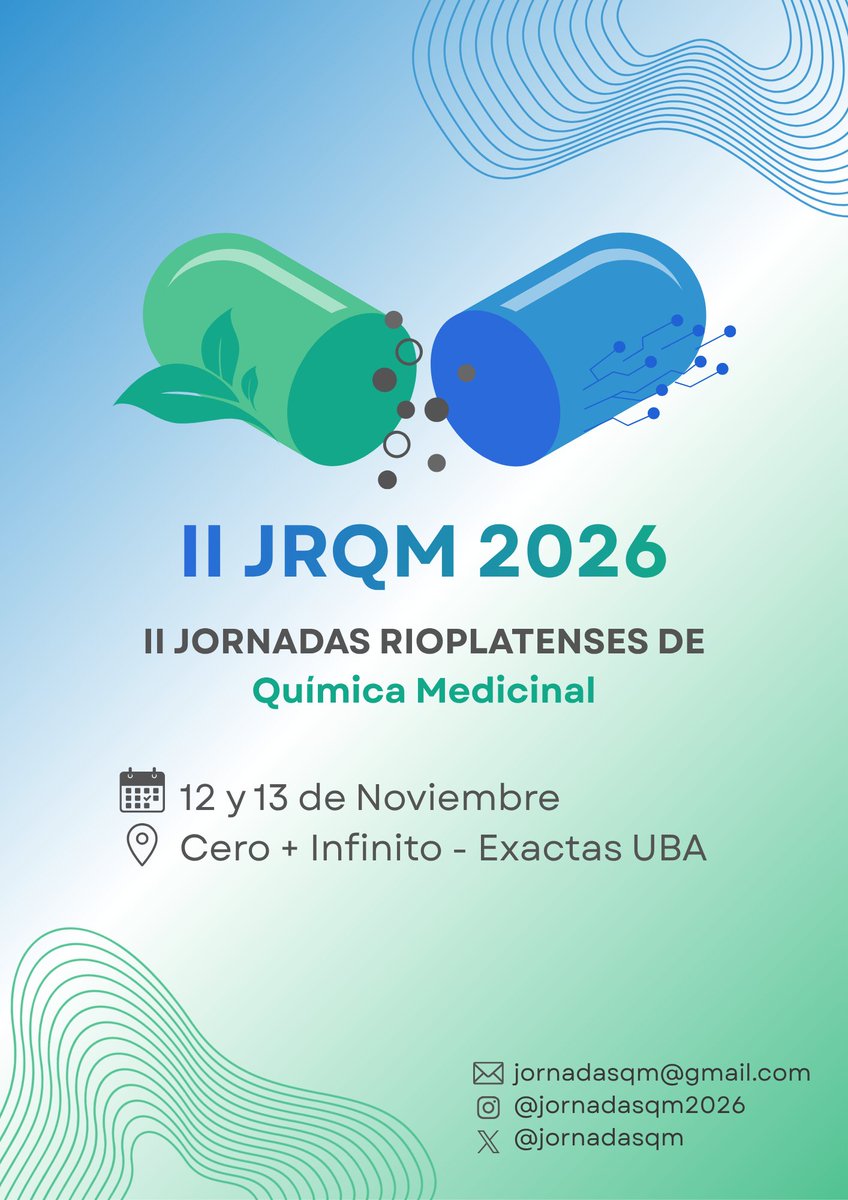 jornadasqm's tweet photo. ¡Nueva edición!
II Jornadas Rioplatenses de Química Medicinal 🇦🇷 🇺🇾

📅 12 y 13 de noviembre
📍 Ciudad Universitaria, Buenos Aires

Muy pronto vas a poder encontrar toda la info del evento

¡Quedate atento/a para no perderte las novedades!  👀 https://t.co/iw6Neqkwok