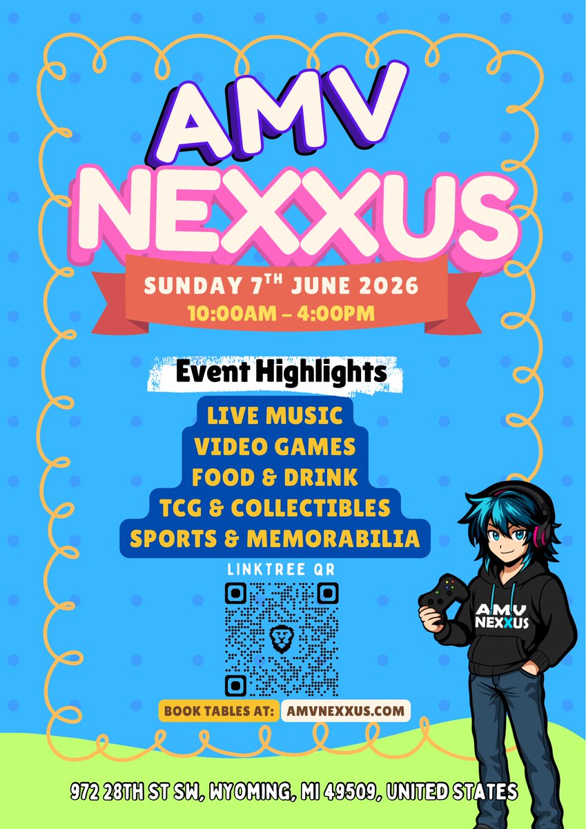 AMVNexXus's tweet photo. AMV NEXXUS is back! 🎉
Join us June 7th from 10AM–4PM at Papii’s Cards &amp; Collectibles (Rogers Plaza, Wyoming, MI 49509).

Shop cards, collectibles, games &amp; more—plus vendors, vibes, and community!

Don’t miss out 🔥 #AMVNEXXUS #CardShow #WyomingMI https://t.co/b5mbios1wk