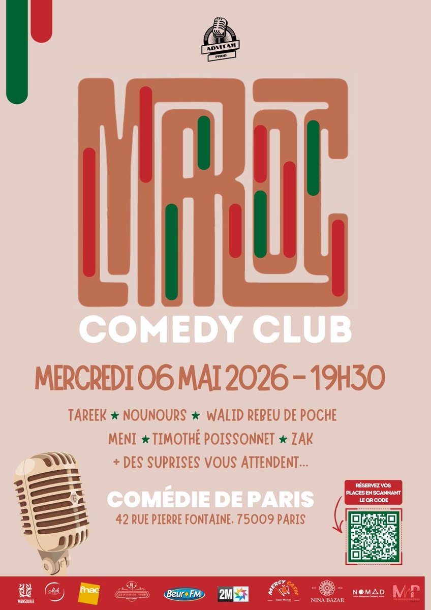 moroccan_pulse's tweet photo. The Moroccan Pulse partenaire de la première édition du 🎤 Maroc Comedy Club 🇲🇦

📍 Comédie de Paris
42 Rue Pierre Fontaine, 75009 Paris
📆 Mercredi 6 mai à 19h30

🎟️ https://t.co/I36ozMH1QN
 
👉🏼 Tarif réduit avec le code « MCC5 » https://t.co/sD1vlX26En