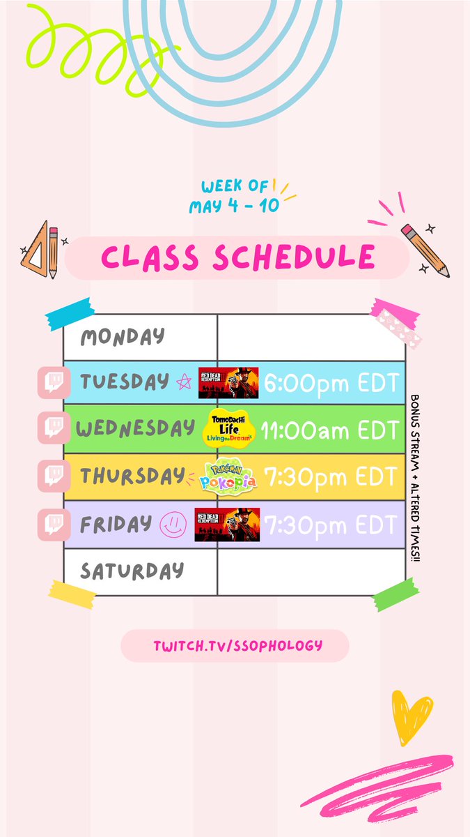 SSophology's tweet photo. ๐ Weekly Schedule May 4 - 10 ๐
4 stream week! Bonus Tomodachi day Wednesday and slightly later start Thurs + Fri for Pokopia and Red Dead! Hope to see you ๐ฅฐ Lurkers welcome!
https://t.co/mBWwWyMs9i
#RDR2 #RedDeadRedemption2 #TomodachiLife #Pokopia #FirstPlay #TwitchStreamer https://t.co/pnNeprH0ef