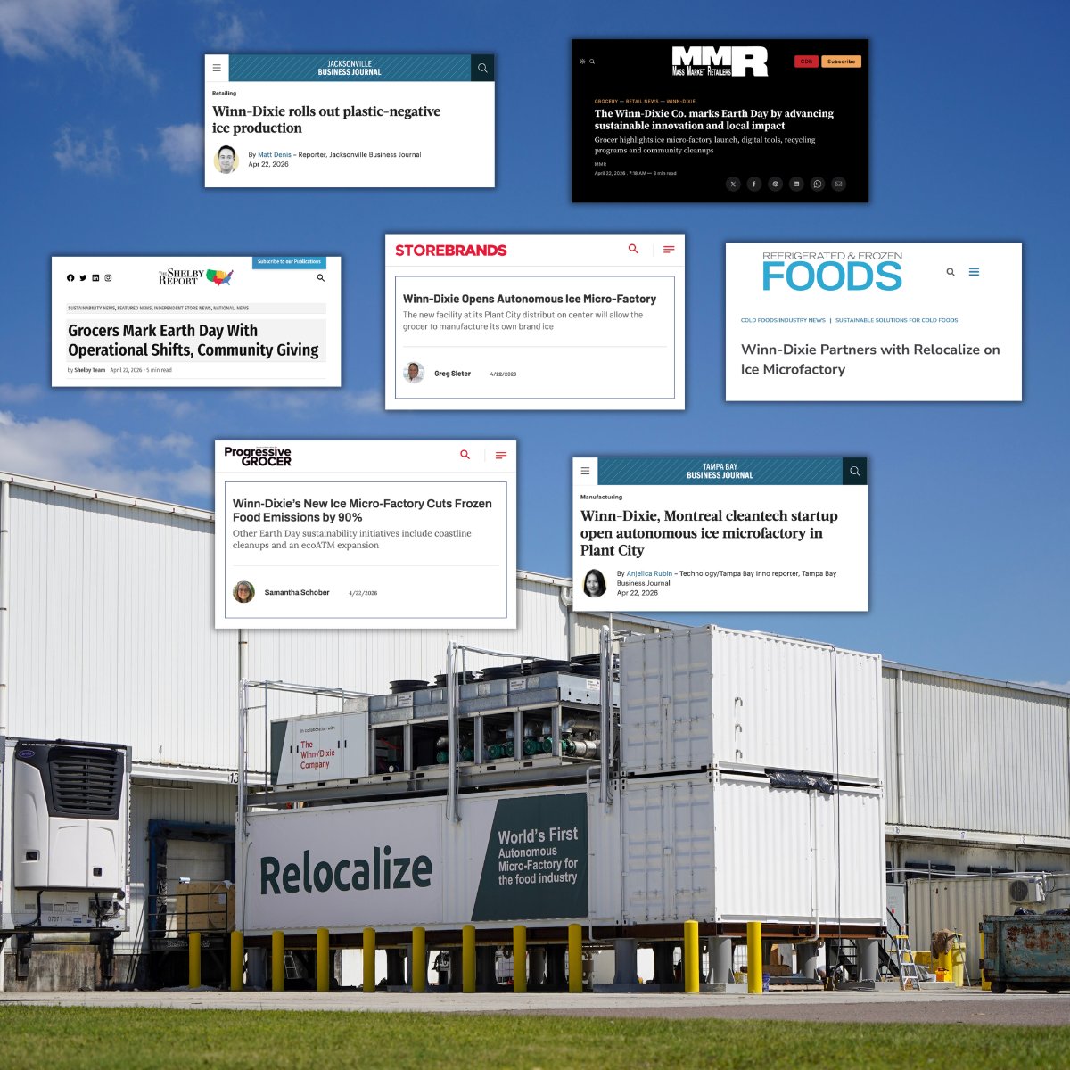 Relocalize_inc's tweet photo. Earth Day 2026 was a big one for us. Thank you to the press who covered our launch with @WinnDixie: @JaxBizJournal @TBBJnewsroom @Store_Brands @pggrocer @MMRetailers @RandFF @TheShelbyReport. Plastic-negative, autonomous ice production is live. 🧊 #EarthDay #FoodTech https://t.co/dOOGevqFW6