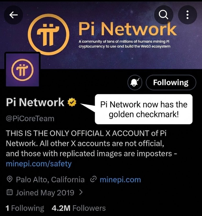 PiNewsMedia's tweet photo. 💥BREAKING: #PiNetwork official account @PiCoreTeam has been upgraded to a golden checkmark

This confirms official organization-level verification, marking a significant boost in credibility and recognition for Pi Network.

A clear signal of growing institutional presence and mainstream momentum.
