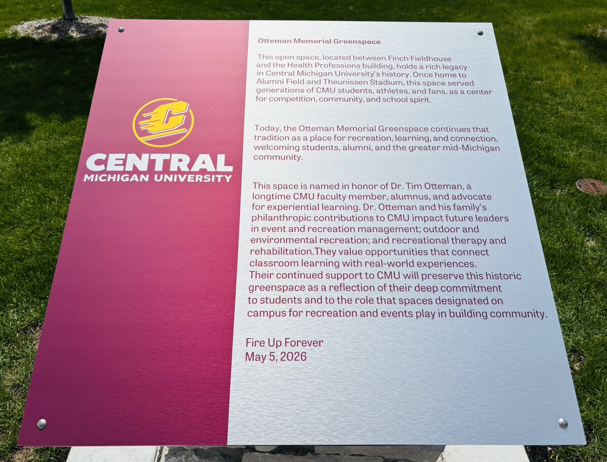 teeohhcmu's tweet photo. What a humbling day outside of historic Finch Fieldhouse this afternoon! The field between Finch and the College of Health Professions was officially dedicated as the Otteman Memorial Greenspace (OMG)! @cmurpl @cmualumni @CMUEHS @CMUniversity @CMUAthletics 🔥👆❤️ https://t.co/QFLtoG5MwC