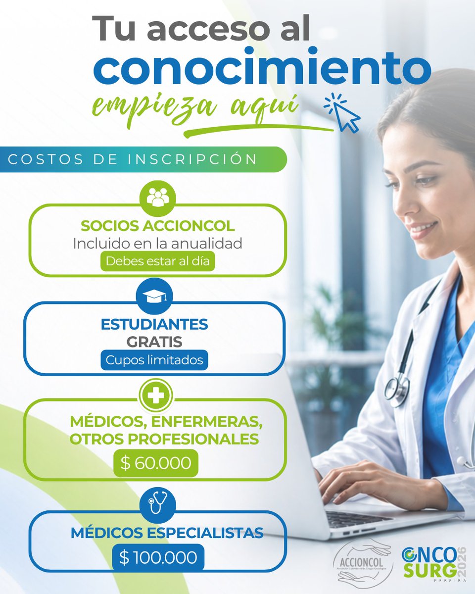 accion_col's tweet image. Costos en #OncoSurg2026
🎓 Estudiantes GRATIS
💰 Profesionales desde $60.000
✔ Socios incluidos
📍 Pereira
⚠ Cupos limitados
#MedicalEducation #Surgery #Healthcare