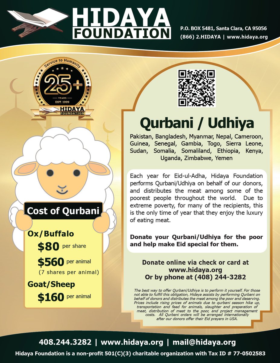 Hidaya Foundation is arranging Qurbani/Udhiya in almost 20 countries again this year. Find out more and donate to benefit the poor this Eid at: donation.hidaya.org/donation.aspx?…