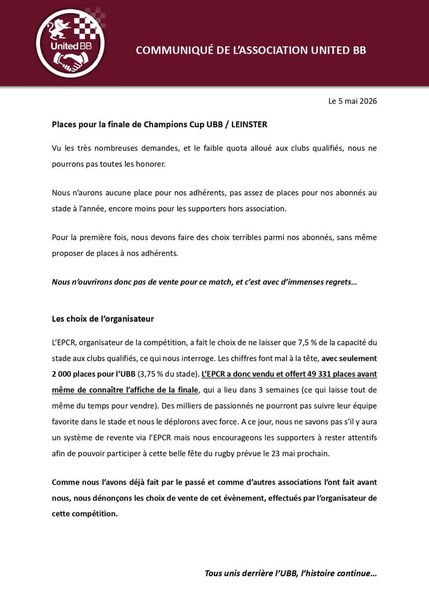 Très dur pour tous les supporters passionnés de l’UBB qui veulent soutenir leur club de coeur en finale de Coupe d’Europe à Bilbao et forcément terrible d’avoir tant de demandes et si peu de précieux sésames 😔
Que les heureux élus mettent le feu à San Mamés 🙏
#UBB #ChampionsCup
