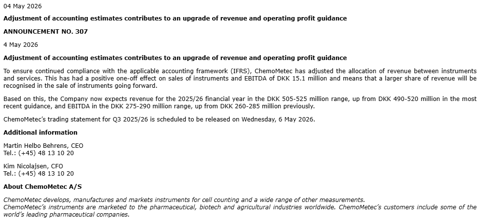 Investiri's tweet photo. ChemoMetec A/S 🇩🇰🔬🧪🧬

ChemoMetec upgrades FY2025/26 guidance, forecasting revenue up to DKK 525M and EBITDA up to DKK 290M. 

A 15.1M DKK boost stems from an accounting adjustment regarding instrument sales revenue recognition.

$CHEMM https://t.co/GuLhwXME2B