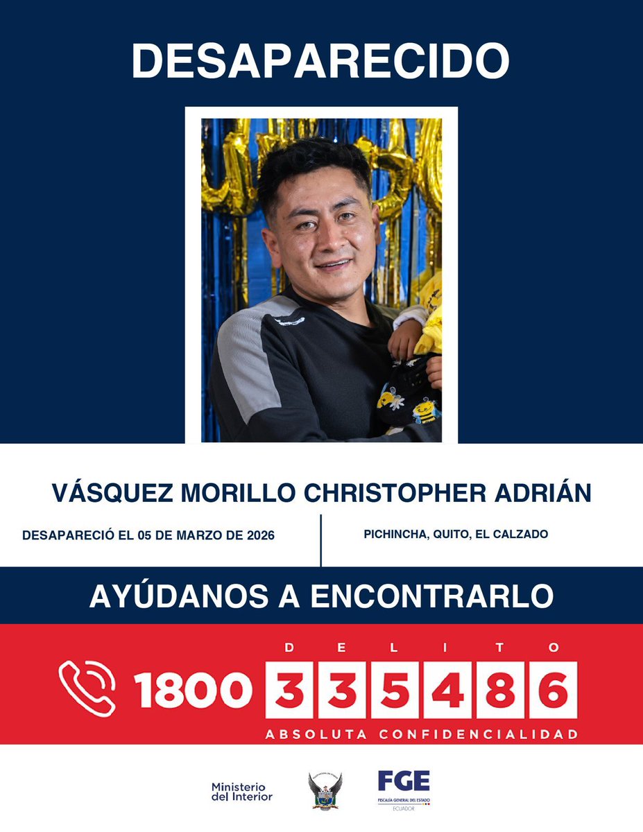 #DesaparecidosEcuador | #Pichincha: si tienes información sobre la ubicación de Christopher Vásquez Morillo, comunícate de inmediato con las autoridades. Fue visto por última vez el 5 de marzo de 2026 en el sector de El Calzado, sur de #Quito.