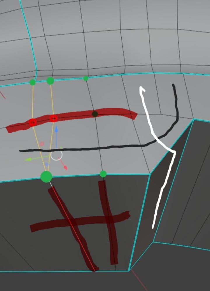 TruceOrFeud's tweet photo. @TheRoyalSkies I'd first make a back up. Then look to the closest change in edge flow. 1 or 2 green verticies must be wrong.  I would check if the heel needs 2 quads, the edge highlighted in red can be split. Lastly, add an edge &amp; fix the faces belonging to the bottom faces in red H highlight. https://t.co/B73VzEKeEx