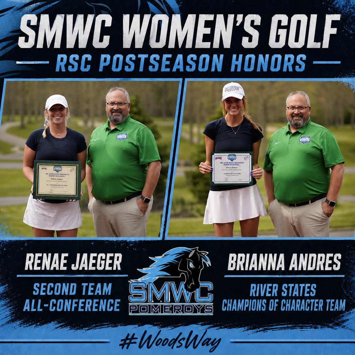 SMWCAthletics's tweet photo. Postseason honors for the Pomeroys. 😤⛳️

Renae Jaeger was named Second Team All-Conference, while Brianna Andres earned a spot on the River States Champions of Character Team!

👏 Jaeger — Second Team All-Conference
👏 Andres — Champions of Character Team

#WoodsWay https://t.co/6A4vPmgLqx