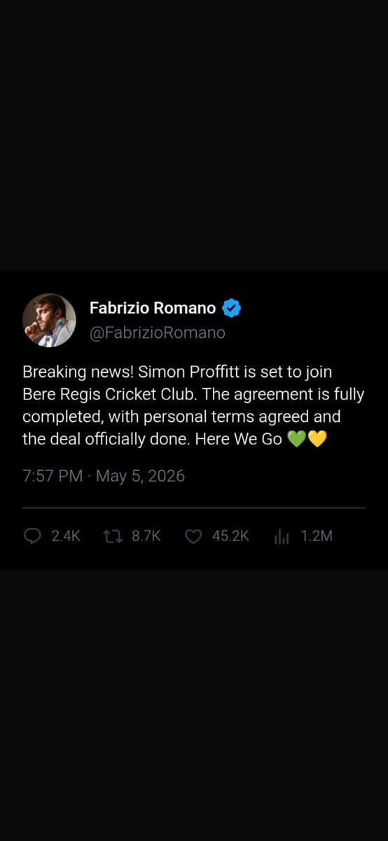 BereRegisCC's tweet photo. 🚨 BREAKING NEWS 🚨
It’s official. Deal sealed. ✅
Simon Proffitt returns to Bere Regis Cricket Club — personal terms agreed and everything completed.
Here we go. 🏏🔥
Big move, big ambitions.
#HereWeGo #BreakingNews #Confirmed #CricketTransfers #BereRegisCC #Official ✅ https://t.co/UoYofz0oZ6