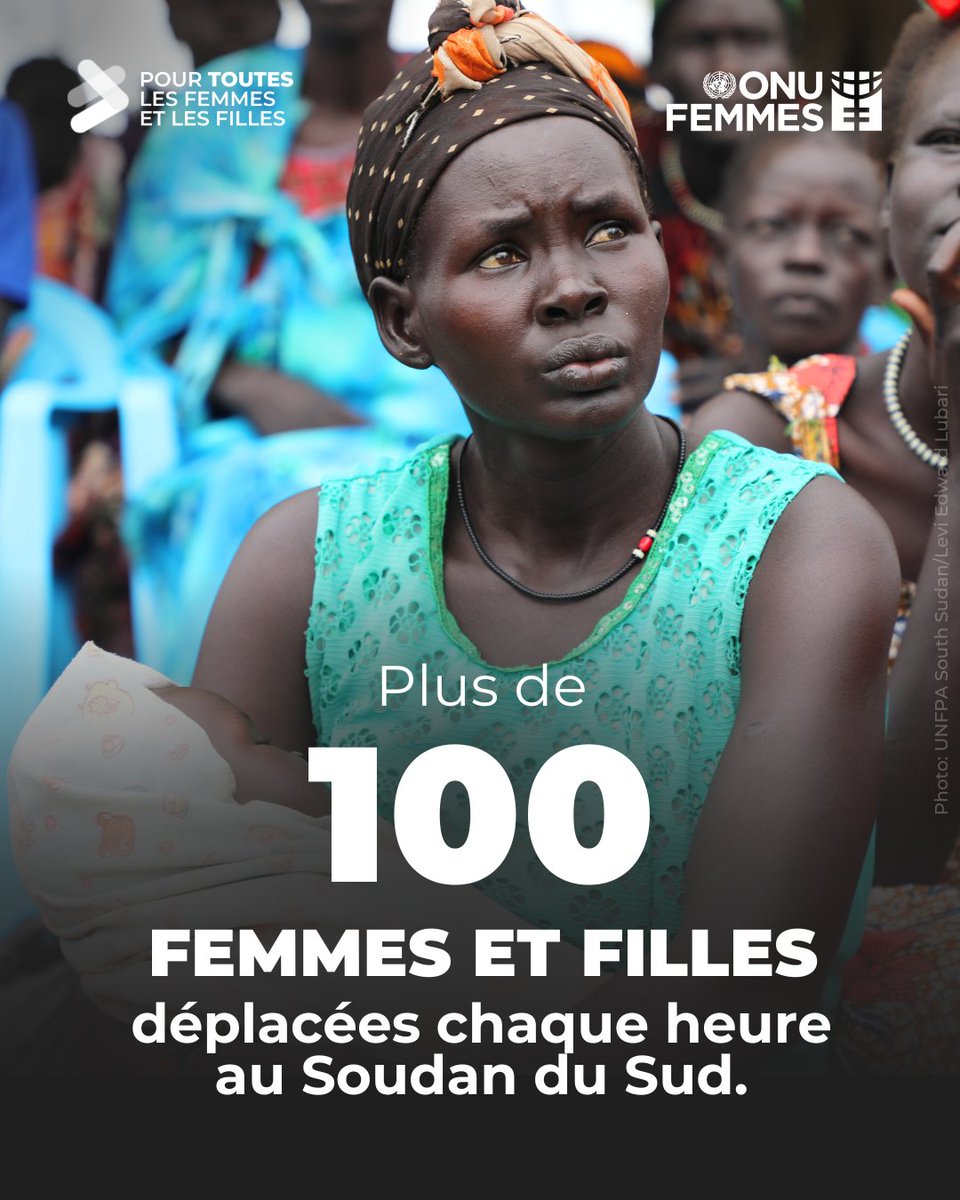 Plus de 100 femmes et filles fuient chaque heure au Soudan du Sud. Certaines passent des jours sans nourriture.

@UNWomen et ses partenaires sont sur le terrain pour offrir un abri, des soins de santé et un soutien psychosocial et juridique.