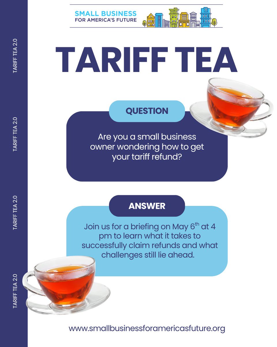 SmallBizFuture's tweet image. Looking for answers about your tariff refund?

Join us for a focused briefing on what it takes to claim refunds and what challenges still lie ahead.

Register here: secure.ngpvan.com/Q-2iQf8kkUm_83…
#TariffRefunds #Tariffs #SmallBusiness