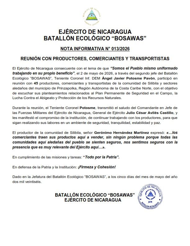 EjercitoNic's tweet photo. #NOTAINFORMATIVA | A través del Batallón Ecológico #BOSAWAS, se participó en reunión con 45 productores, comerciantes y transportistas de la comunidad de #Silibila y sectores aledaños del municipio de #Prinzapolka. #TodoPorLaPatria https://t.co/eDkspdS3RA