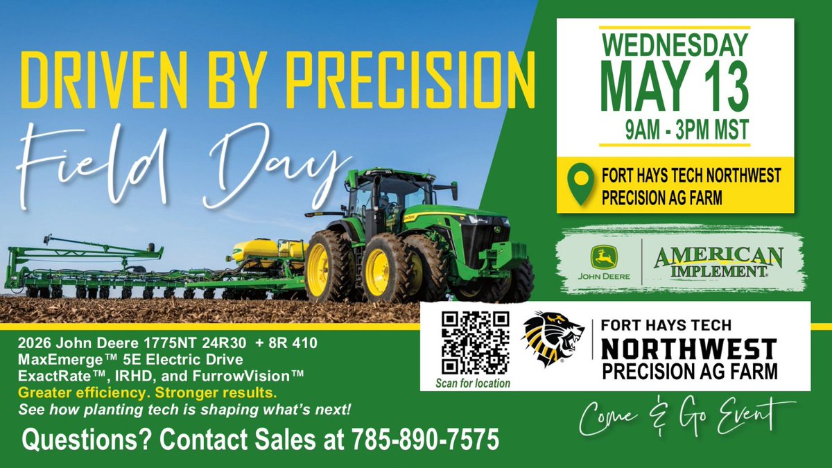 AmericanImp's tweet photo. Next‑level planting starts here 🌱
Watch the 2026 JD 1775NT + 8R 410 run MaxEmerge™, ExactRate™, IRHD &amp; FurrowVision™—live in Goodland.
📍 NW Tech Precision Ag Farm | 📞 785‑890‑7575

#JohnDeere #AmericanImplement #AgTech #PrecisionAg #PlantingSeason #Planter #FieldDay https://t.co/WLMehQNy1B
