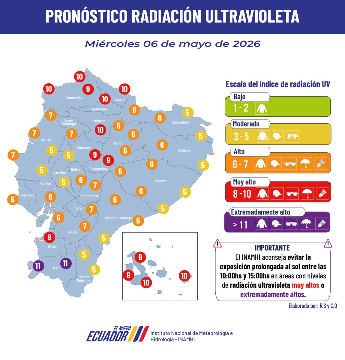 #PronósticoUVEc l Se comparte el pronóstico del Índice Máximo de Radiación Ultravioleta (IUV) para el día miércoles 06 de mayo de 2026.