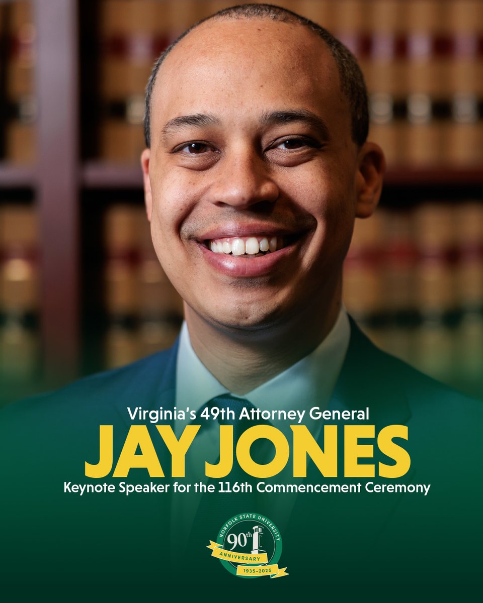 Norfolkstate's tweet photo. Jay Jones, Virginia’s 49th Attorney General, is scheduled to deliver the keynote address at NSU’s Commencement Ceremony. The 116th Commencement is scheduled for 9 a.m., Saturday, May 9, 2026, at William “Dick” Price Stadium. 
Read More: https://t.co/7kcP41nQrg https://t.co/Y830xCsYgL