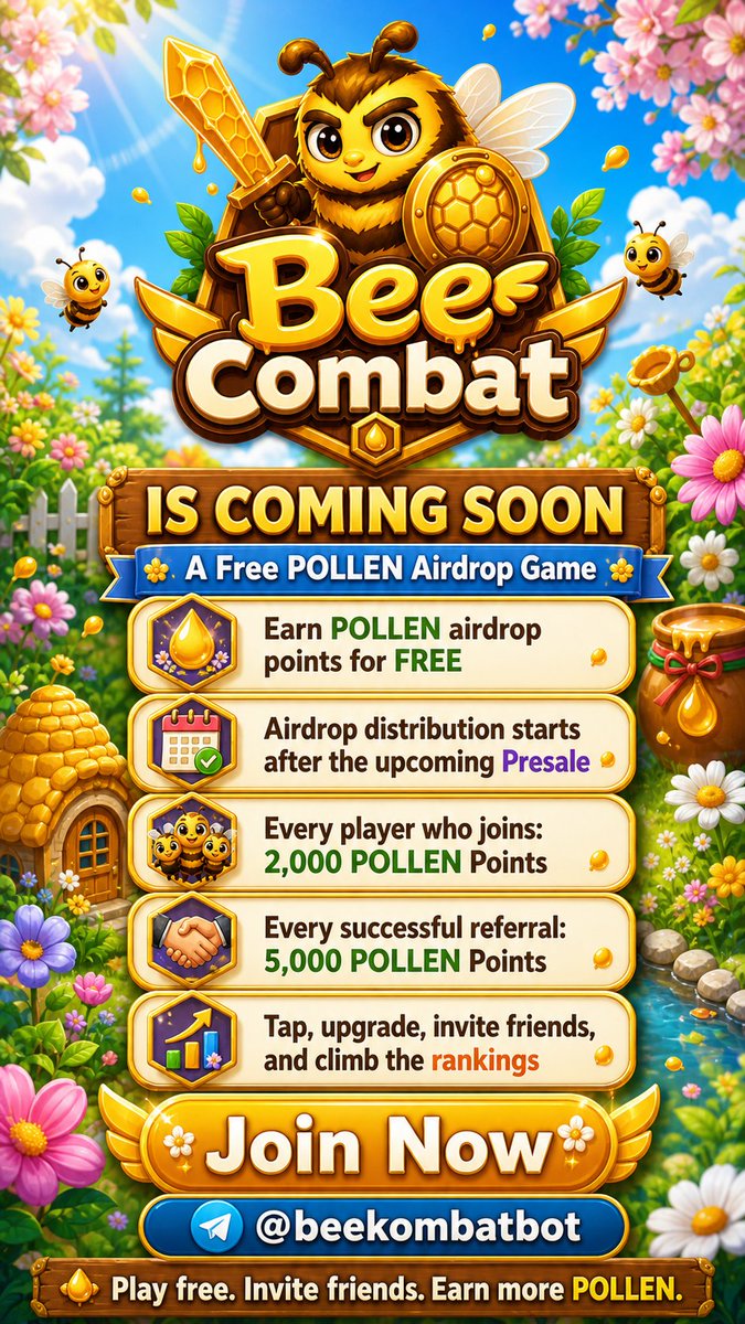 BeesEmpireGame's tweet photo. 🚀 BEE COMBAT IS OFFICIALLY COMING! 🐝⚔️

The new free airdrop game of the Bee’s Empire ecosystem, Bee Combat, is launching very soon!

🎮 By joining the game, you’ll be able to earn POLLEN airdrop points completely for free.
The points you collect will give you an advantage in the airdrop distribution that will take place after the upcoming POLLEN Presale.
🔥 Launch Rewards:

🐝 Every player who joins the game earns 2,000 POLLEN points
👥 Every successful referral earns 5,000 POLLEN points

That means the more you play and the more friends you invite, the stronger your position will be in the airdrop distribution!
⚔️ Bee Combat will be built around a click-based system. Players will tap to earn points, unlock cards to increase passive income, and compete to climb higher in the airdrop ranking.

🎯 This game is completely free.
💰 The goal is simple: earn a bigger share from the POLLEN airdrop after the presale!

🚀 Now it’s time to get ready.
Bee Combat is coming, and the airdrop battle is about to begin!

👉 Join now: @beekombatbot
#BeeCombat #BeesEmpire #POLLEN #Airdrop #TelegramGame #PlayToEarn #Web3