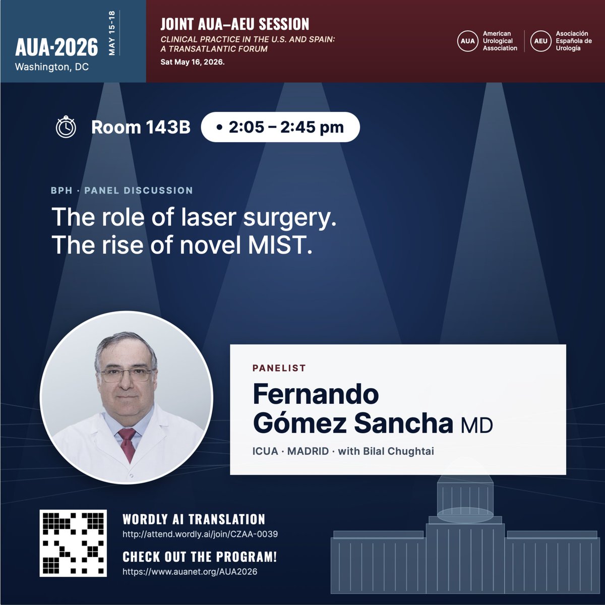 fgomsan's tweet image. Washington DC, here we go ✈️ Joining the AUA–AEU Joint Session at #AUA2026 on May 16. Panel: laser surgery &amp;amp; the rise of novel MIST. Always learning, always teaching. 🔬 #BPH #HoLEP