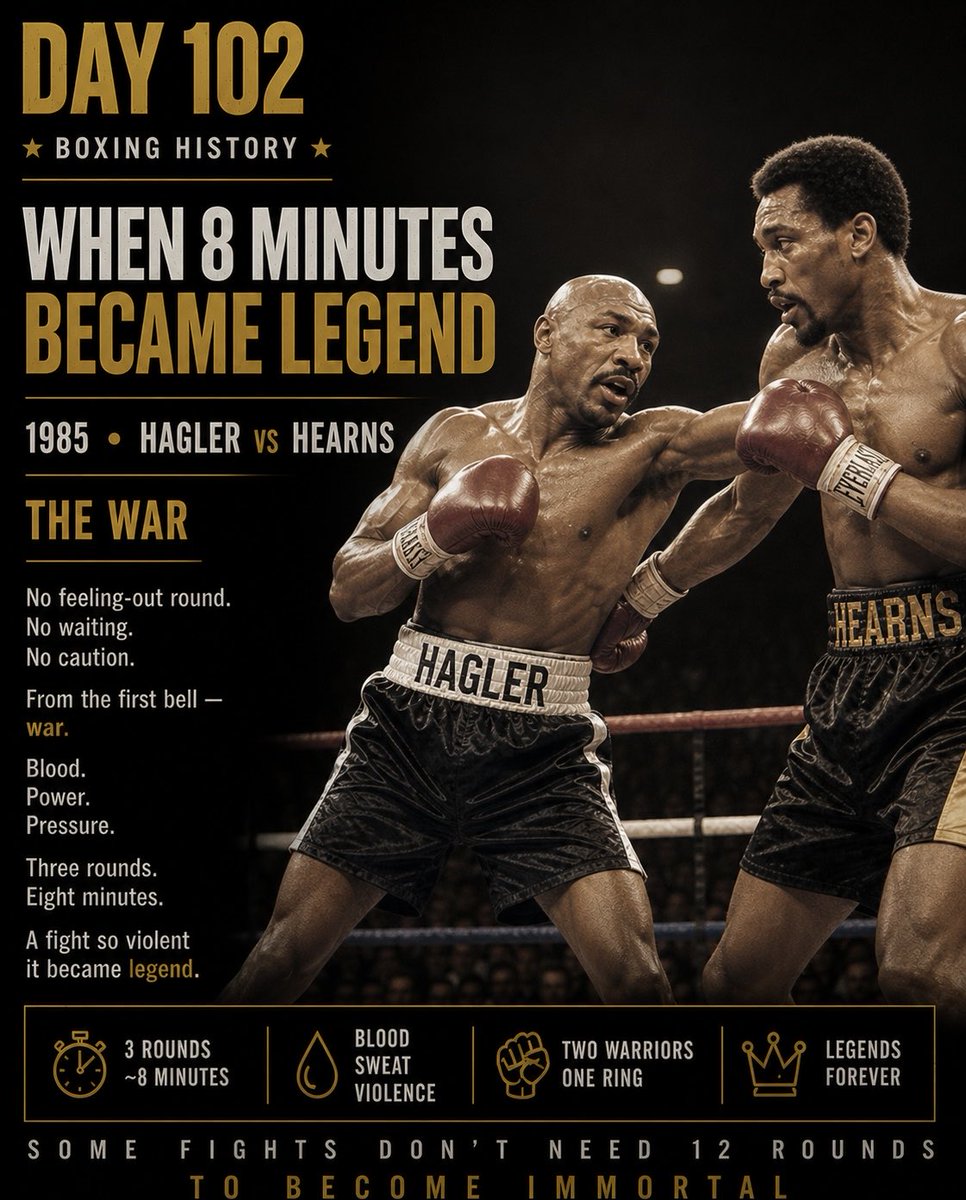 YuryIak's tweet photo. Day 102 — The War
Hagler vs Hearns.
No feeling out.
No waiting.
From the first second —
war.
Three rounds.
Eight minutes.
That’s all it took…
to become legendary.
#HaglerHearns #BoxingHistory #TheWar https://t.co/O5sq0rc8Yj