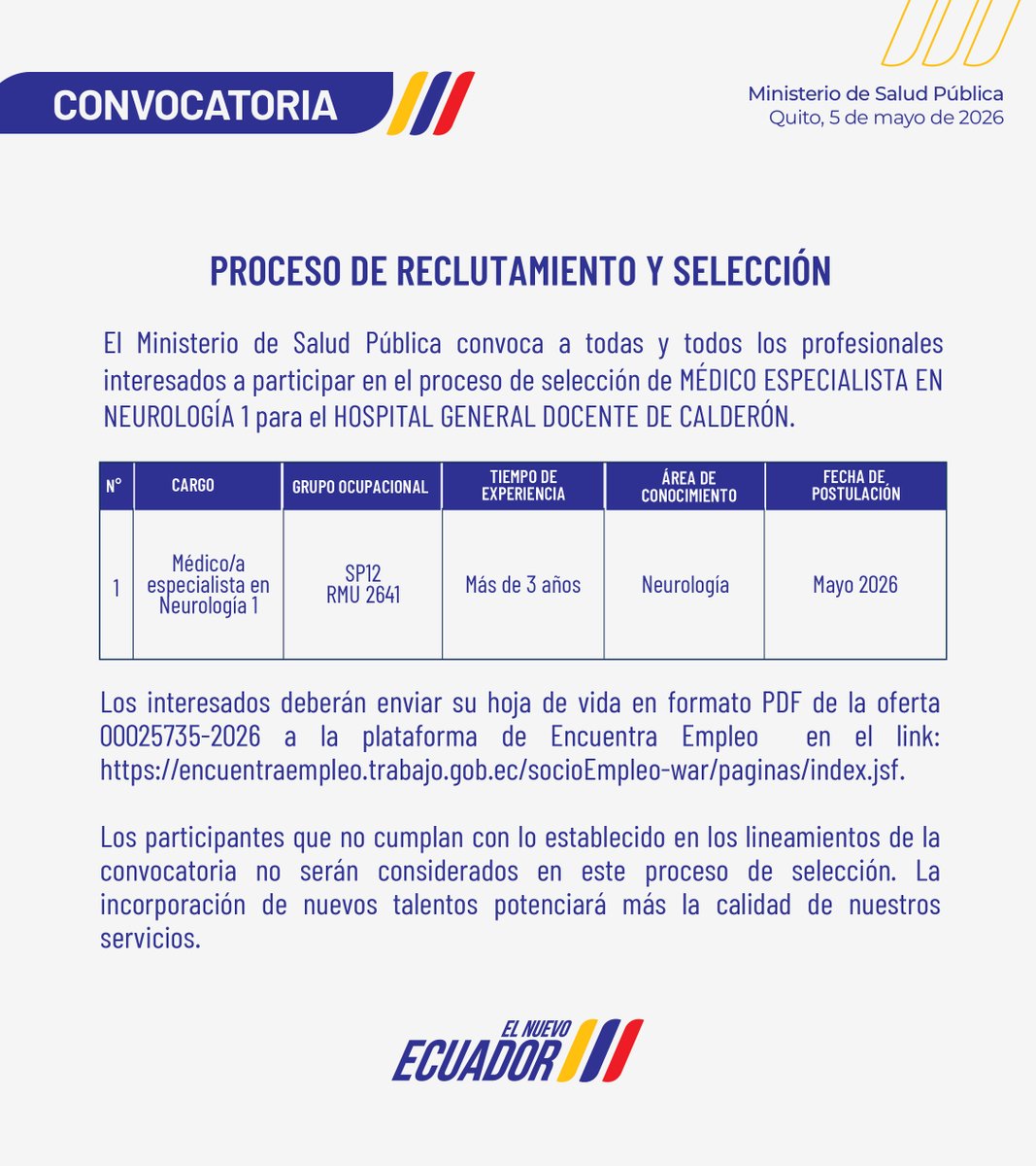 HCalderon_MSP's tweet photo. 📌Convocatoria para médicos especialistas 🩺

🏥Conoce las vacantes disponibles y forma parte de un equipo comprometido con @Salud_EC y el bienestar de la comunidad de Pichincha. 

✅Postula en https://t.co/ef3g44CV1z

#MSPEnTerritorio https://t.co/8DcTZYHlcS