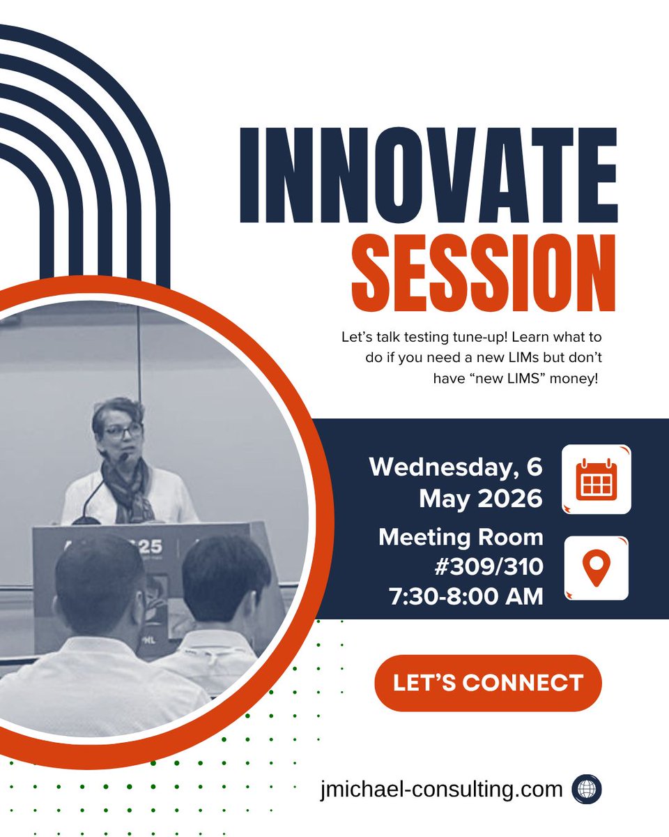 JMC_Team's tweet photo. JMC is excited to be participating in an Innovate session this year at APHL!Join Bonny Van Lewis and Mary Kate Yost-Daljev for “Let’s Talk Testing Tune-Up”
We’d love to connect and talk through how we can help you tune up your system!

#APHL #Innovate #LIMS #JMC https://t.co/qBLRv3RMHh