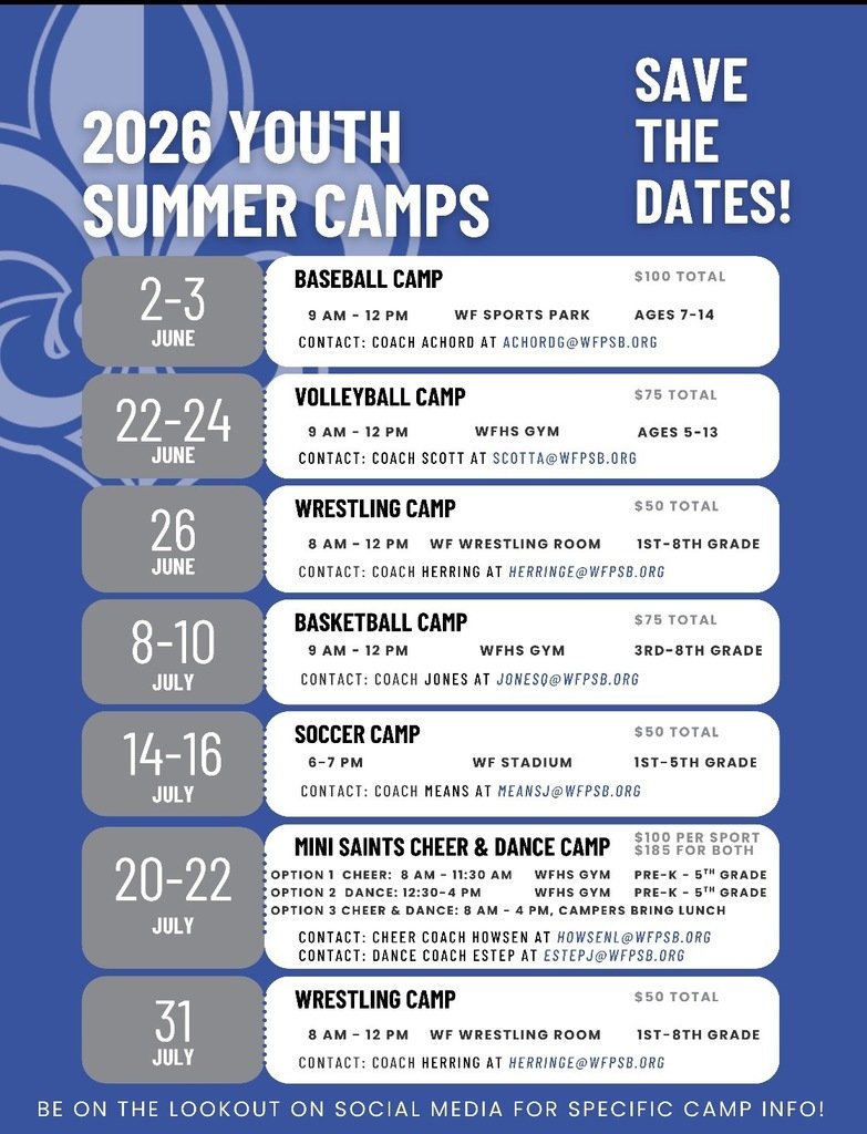 WFMSthebest's tweet photo. ☀️💙 Get ready for a fun-filled summer—check out our Saints Youth Camps and find the perfect opportunity for your child to learn, play, and shine! 💙☀️ https://t.co/uvGEIR6EU5
