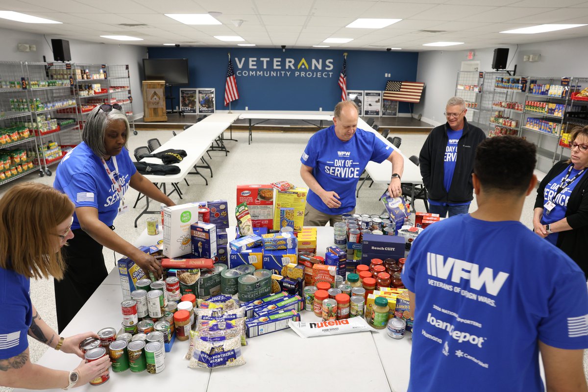 VFWHQ's tweet photo. In celebration of the fifth annual #VFWDayOfService, VFW National Headquarters came together to collect more than 635 pounds of essential food items to donate to our friends at the @VCP_HQ, headquartered right here in our backyard of Kansas City, Missouri! Supporting VCP means standing behind a mission that provides housing, resources and hope to veterans experiencing homelessness - because every veteran deserves dignity, stability and a place to call home. #StillServing