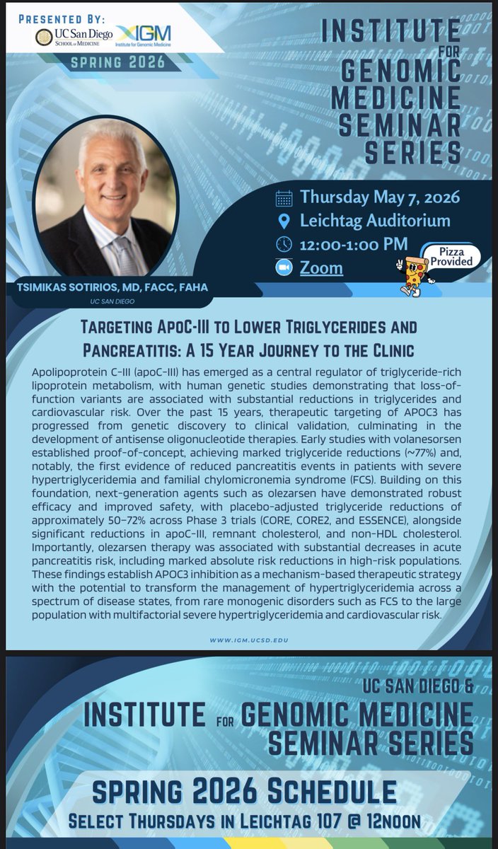 jogleeson_ucsd's tweet photo. Excited to welcome Prof Sam Tsimikas @Lpa_Doc from @ionispharma @UCSD @UCSDHealth to @IgmUcsd seminar this week on new therapy for #ApoCIII and #Lp(a) lipid genetic disorders. https://t.co/Mn3WezrI0g