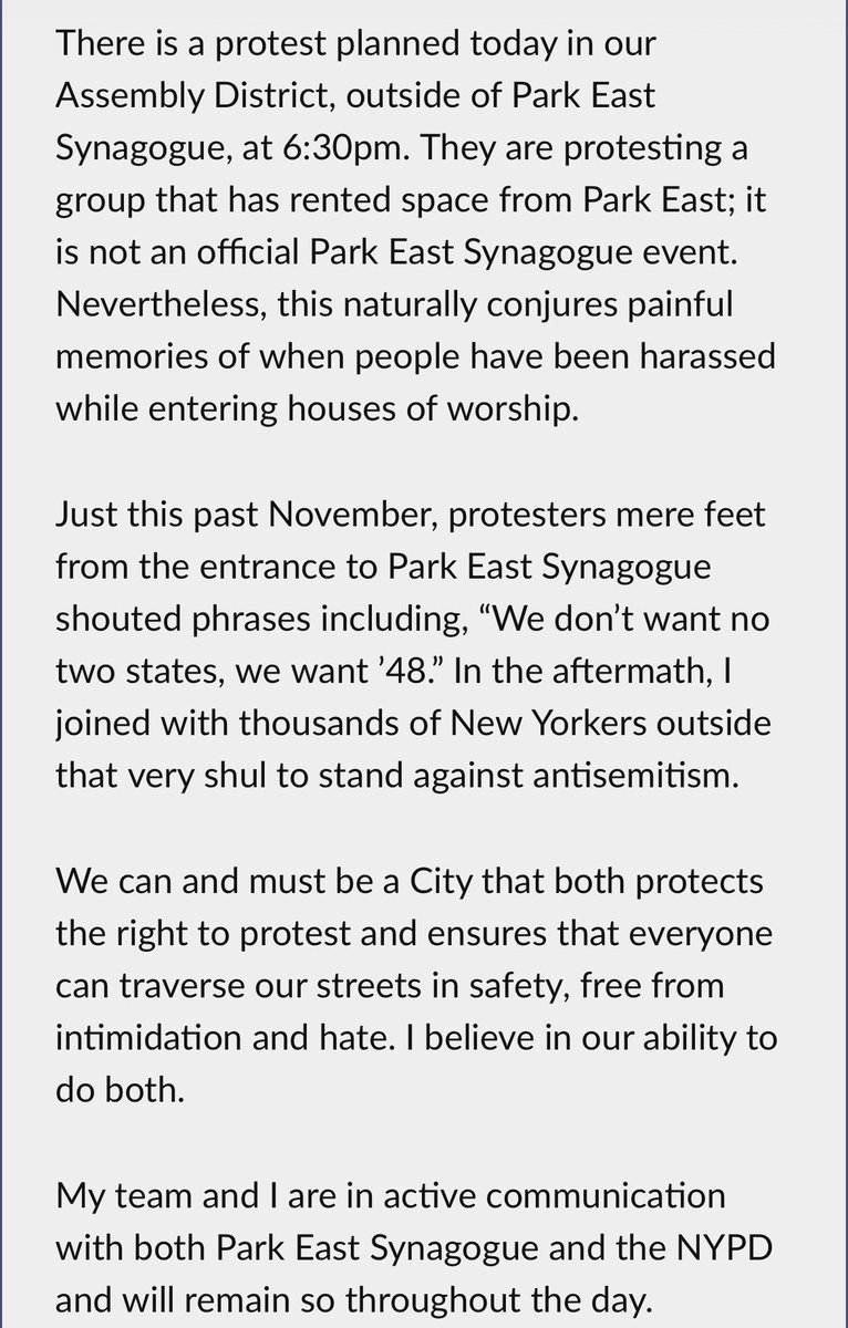 PreferablyJoe's tweet photo. Alex Bores, whose Assembly district includes Park East, writes in a statement that the protest is of the group renting the space, not the synagogue itself.

“Nevertheless, this naturally conjures painful memories,” he writes, pointing to a Nov protest outside the same synagogue. https://t.co/vO8QDTg8p7