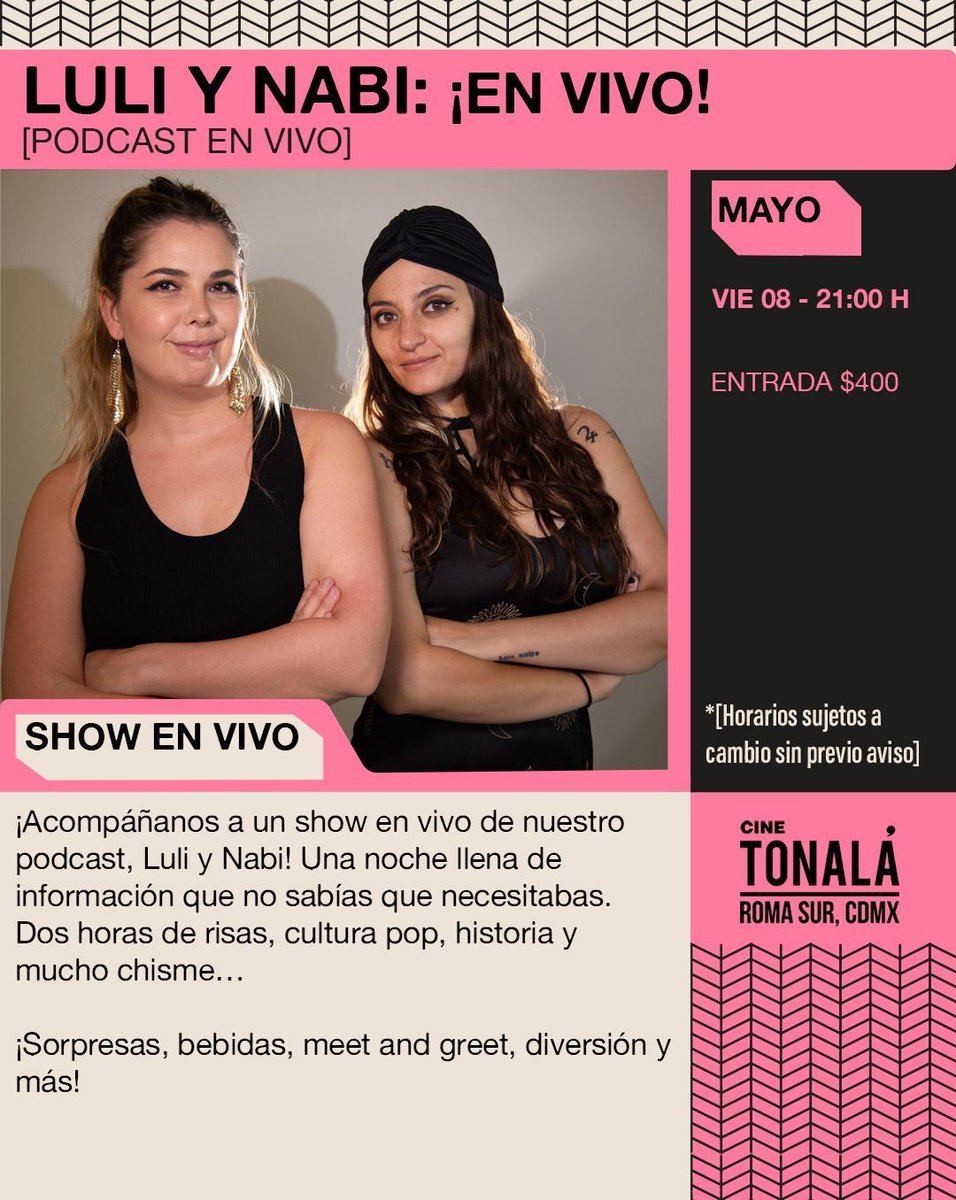 cinetonala's tweet photo. 🎙️✨ LULI Y NABI: ¡EN VIVO!
[PODCAST EN VIVO]

💥 ¡Acompáñanos a un show en vivo del podcast de Luli y Nabi! Una noche llena de información que no sabías que necesitabas 🤯

📅 JUE 08 MAYO - 21:00 H
🎟️ https://t.co/wf7i1qRpQz

#PodcastEnVivo #LuliYNabi #CDMX #EventosCDMX https://t.co/yNrmRHFuOQ