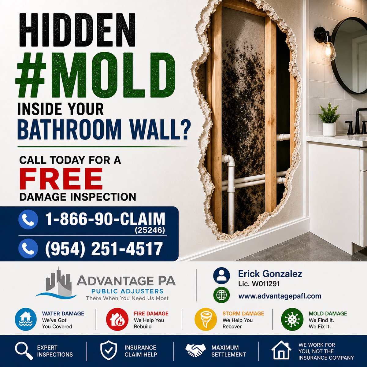 advantagepafl's tweet photo. Hidden #Mold inside your bathroom wall?

Call today for a FREE Damage Inspection
📞 1-866-90-CLAIM (25246)
📞 (954) 251-4517
Erick Gonzalez – Lic. W011291
🌐 https://t.co/Ycgb9vxMAD https://t.co/3CVFNr43oD