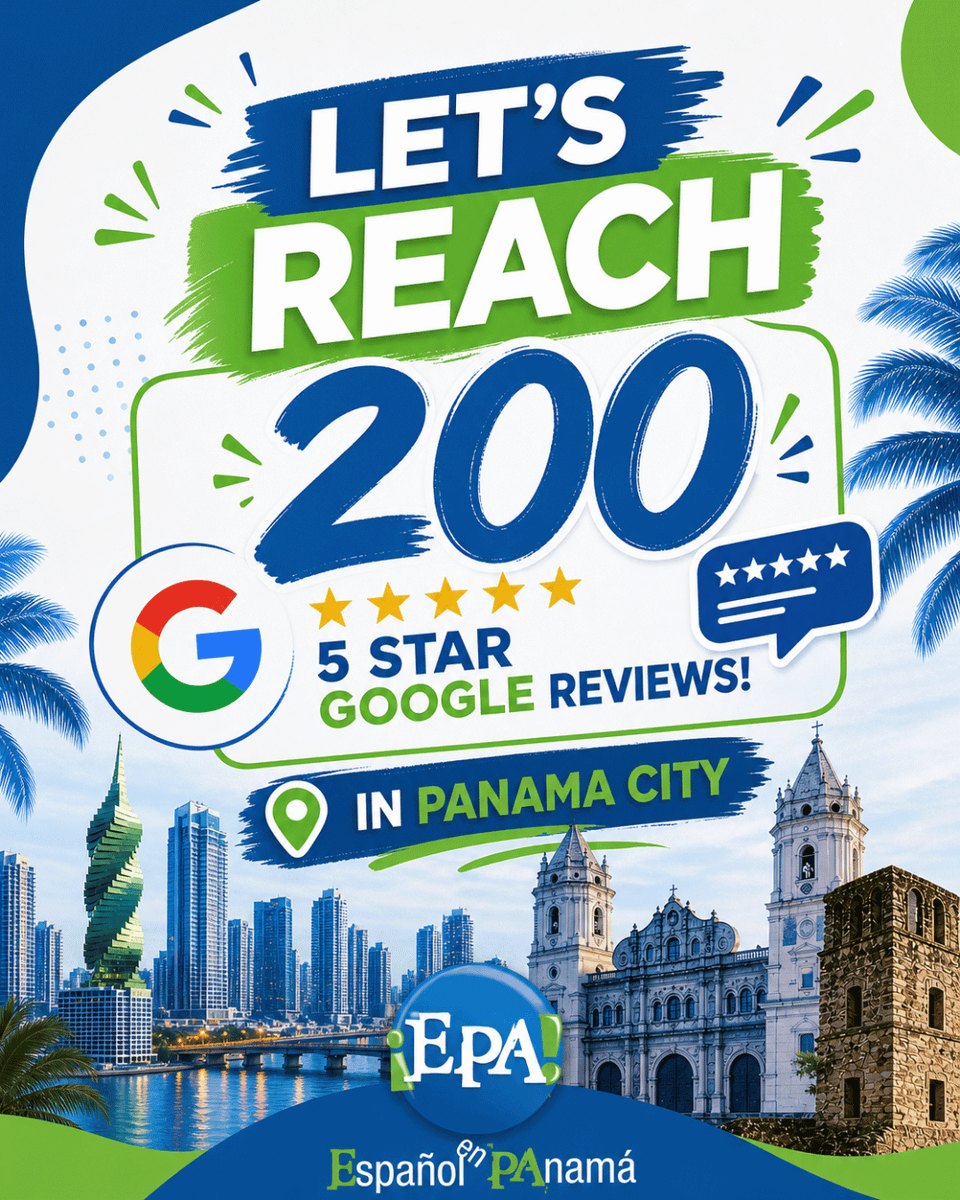 EPAPanama's tweet photo. ✨ Let’s reach 200 Google reviews! ✨

Loved your experience in Panama City with EPA!? 🌆💙💚
Help others find it too 🙌

💬 It only takes 2 minutes to make a difference!
👉 Leave us a 5⭐ review

200 real stories. One amazing city.

#EPAenPanama  #LearnSpanish #GoogleReviews https://t.co/6EqRjbnzwG