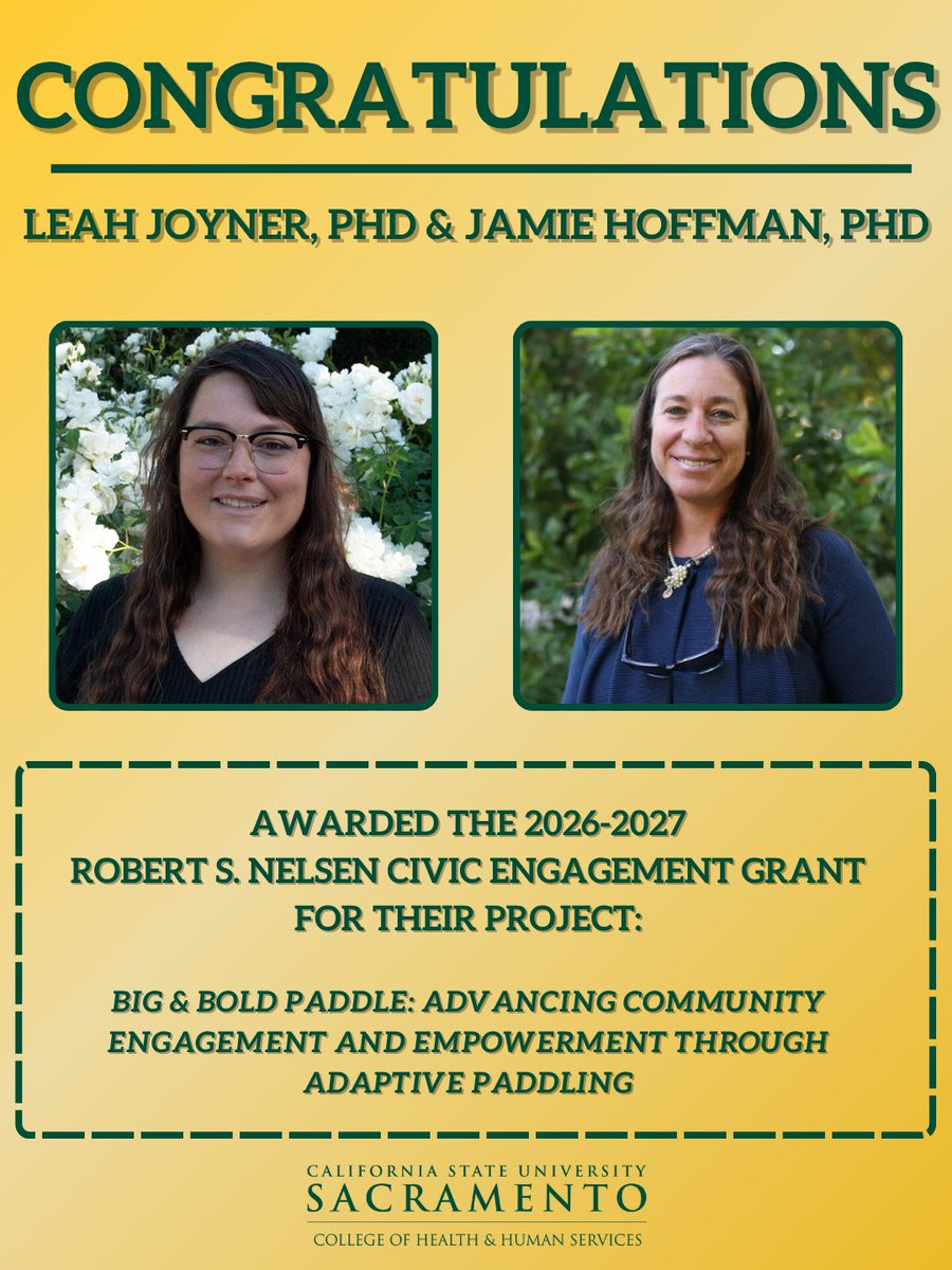 SacStatehhs's tweet photo. HHS faculty members Leah Joyner, PhD, and Jamie Hoffman, PhD, have been awarded the Robert S. Nelsen Civic Engagement Grant for their project, Big &amp; Bold Paddle: Advancing Community Engagement and Empowerment through Adaptive Paddling. https://t.co/gStsQ6nBDV