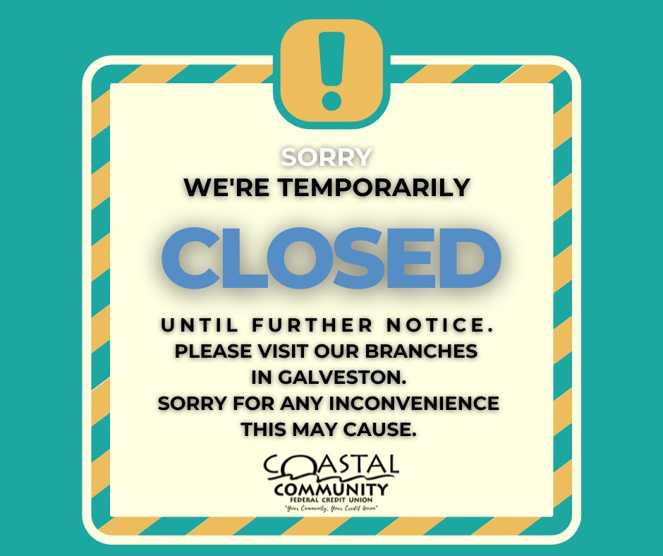 COASTAL_FCU's tweet photo. UPDATE: The lobby in our La Marque Branch at 6708 Gulf Freeway is closed until further notice; however, the drive-thru will REOPEN on Wednesday (May 6). For member services, please visit our branches at 2302 Church St. or 6811 Stewart Road in Galveston. https://t.co/hRshUOxjdQ