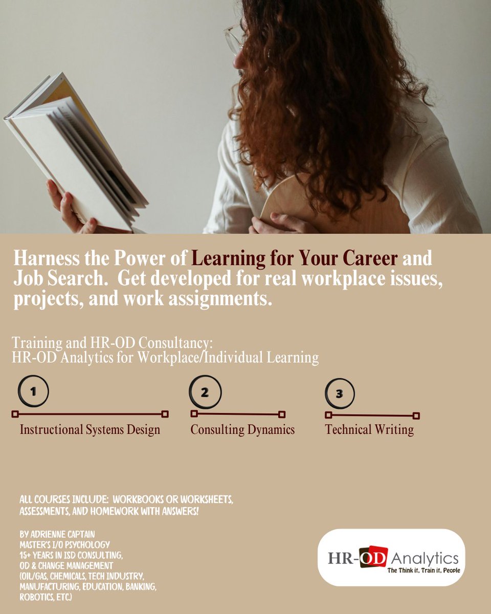 HR-OD Analytics provides #career development or training to support the working professional and job seeker.  #Training is written or designed to influence how you approach projects at work. Start now:  adrienne-s-school-2b8a.thinkific.com

#HR #Writing #ProjectManagement #Skills #Design