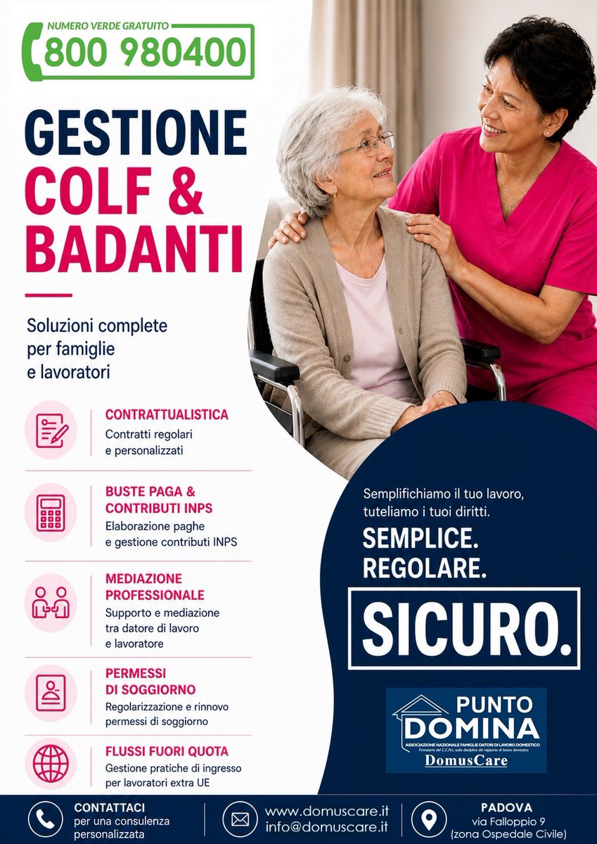 dibrizio's tweet photo. GESTIONE di COLF E BADANTI 
Semplice - Sicuro - Sostenibile 

✅ Contrattualistica da CCNL lavoro domestico ✅ Contributi INPS ✅ Consulenza e mediazione tra datore di lavoro e lavoratore ✅ Procedure per permessi di soggiorno ✅ Flussi fuori quota #padova #tutti #caregivers https://t.co/mULBJ7YvUw