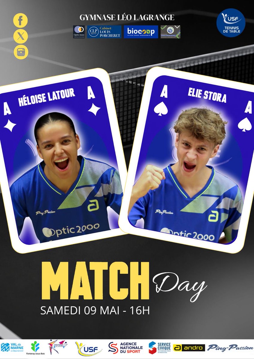 USFTT1's tweet photo. Samedi 9 mai.  Rencontres nationales à Decaudain. Venez nombreux encourager nos équipes. Allez Fontenay 🏓!
@optic2000_fsb @cabinet_porcheret@valdemarne_94 @jpgautrais @cd94tt @biocoop
@villedefontenay @usf.omnisports @ffttofficiel @fftt_idf @androtabletennis https://t.co/0INzvlsypi