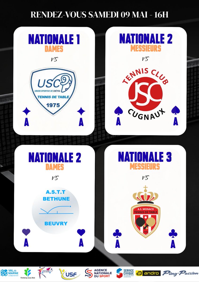 USFTT1's tweet photo. Samedi 9 mai.  Rencontres nationales à Decaudain. Venez nombreux encourager nos équipes. Allez Fontenay 🏓!
@optic2000_fsb @cabinet_porcheret@valdemarne_94 @jpgautrais @cd94tt @biocoop
@villedefontenay @usf.omnisports @ffttofficiel @fftt_idf @androtabletennis https://t.co/0INzvlsypi