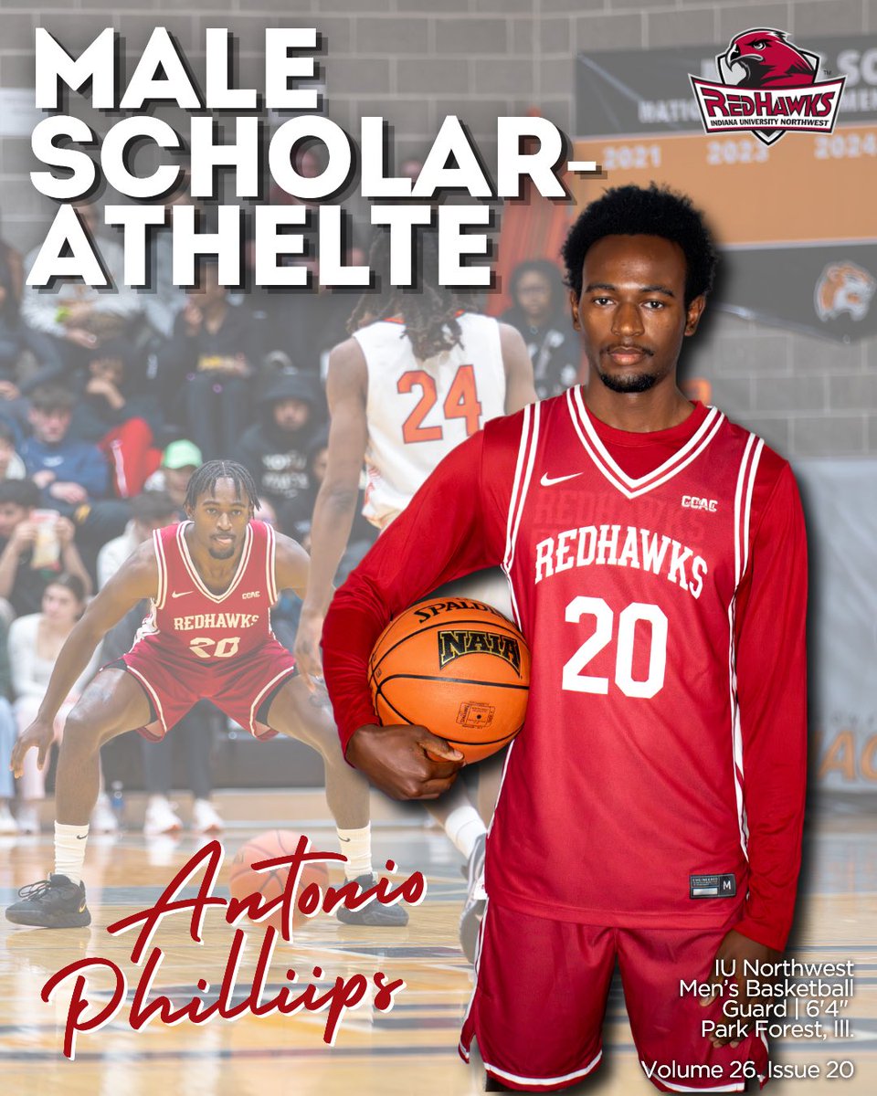 IUNRedHawks's tweet photo. Your Male Scholar-Athlete, Antonio Phillips! 🏀

Other nominees include Jaiden Harmon (XC) and Luis Limones (MSOC). Congrats to all nominees and Antonio! 👏
#TheRedHawkWay https://t.co/Eny3mvF6hq