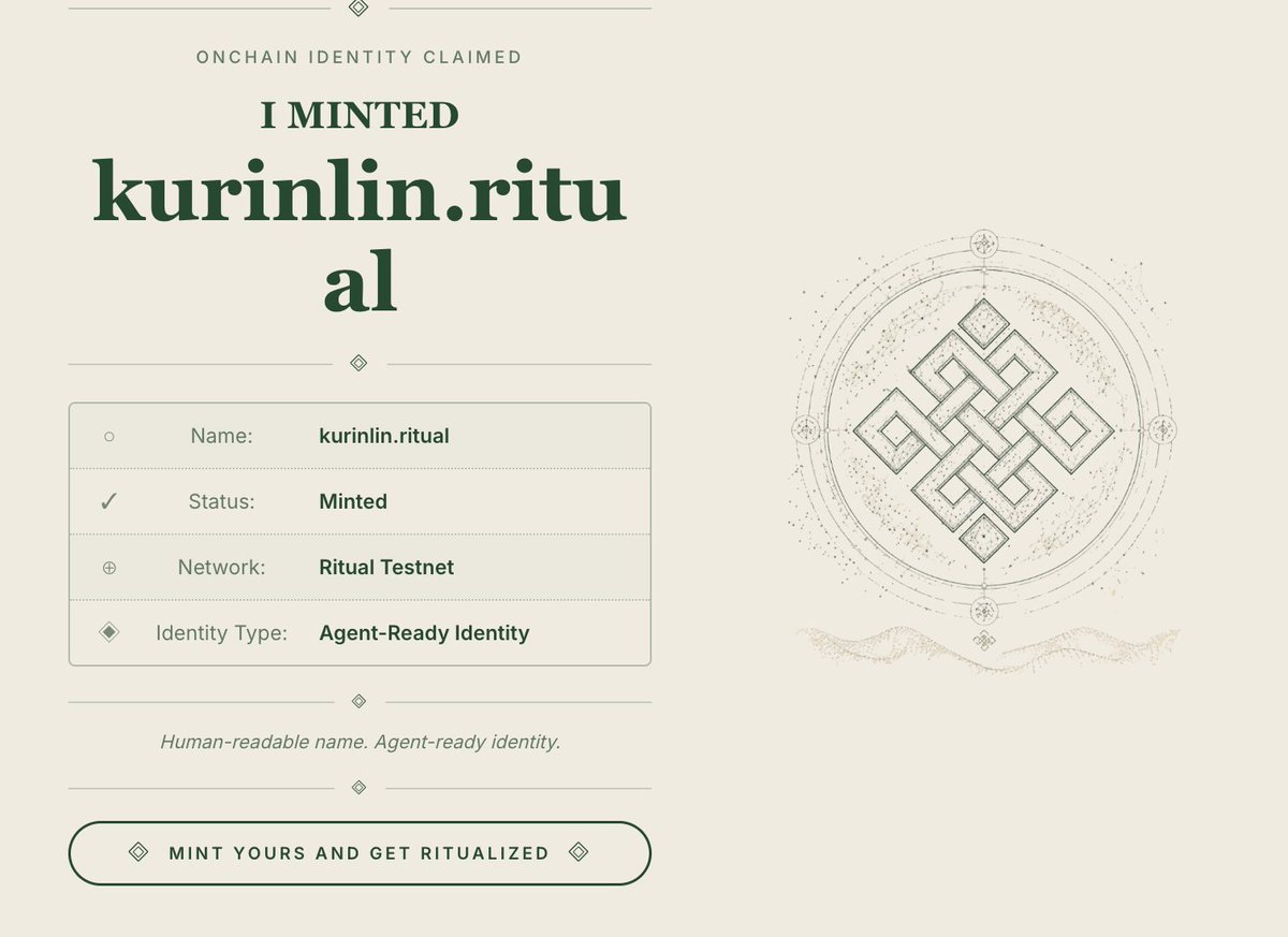 rinlinrinlin0's tweet photo. I just minted kurinlin.ritual on Ritual Testnet! (❖,❖)
@ritualfnd 
Get your own on-chain identity → https://t.co/Rg5DxiWEZF https://t.co/JMuxzc0AZV