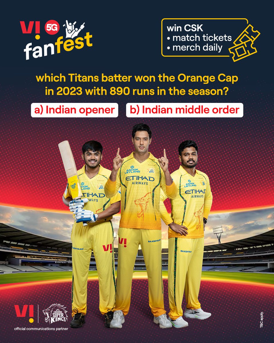 ViCustomerCare's tweet photo. The coming-of-age season for Team India’s latest sensation! 👑

Comment 'option A) Indian opener' or 'option B) Indian middle order' to answer Question 2 and get an entry into the Vi 5G fanfest contest today! 

Here's what you could win 👇 
🎟️ CSK match tickets 
👕 Vi x CSK merch 
🤝 Meet & Greet with CSK players 

Play more on the Vi app and boost your chances. Link in bio. 

#Vi #Vi5G #CSK #Vi5Gfanfest