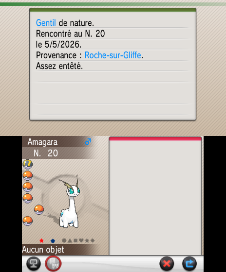 amagara shiny en 14 vus dont 2 resets qui complète la 12éme étape de mon SRQ Kalos, une belle fraude (trouvé avec ma chérie aka mon charme chroma x)