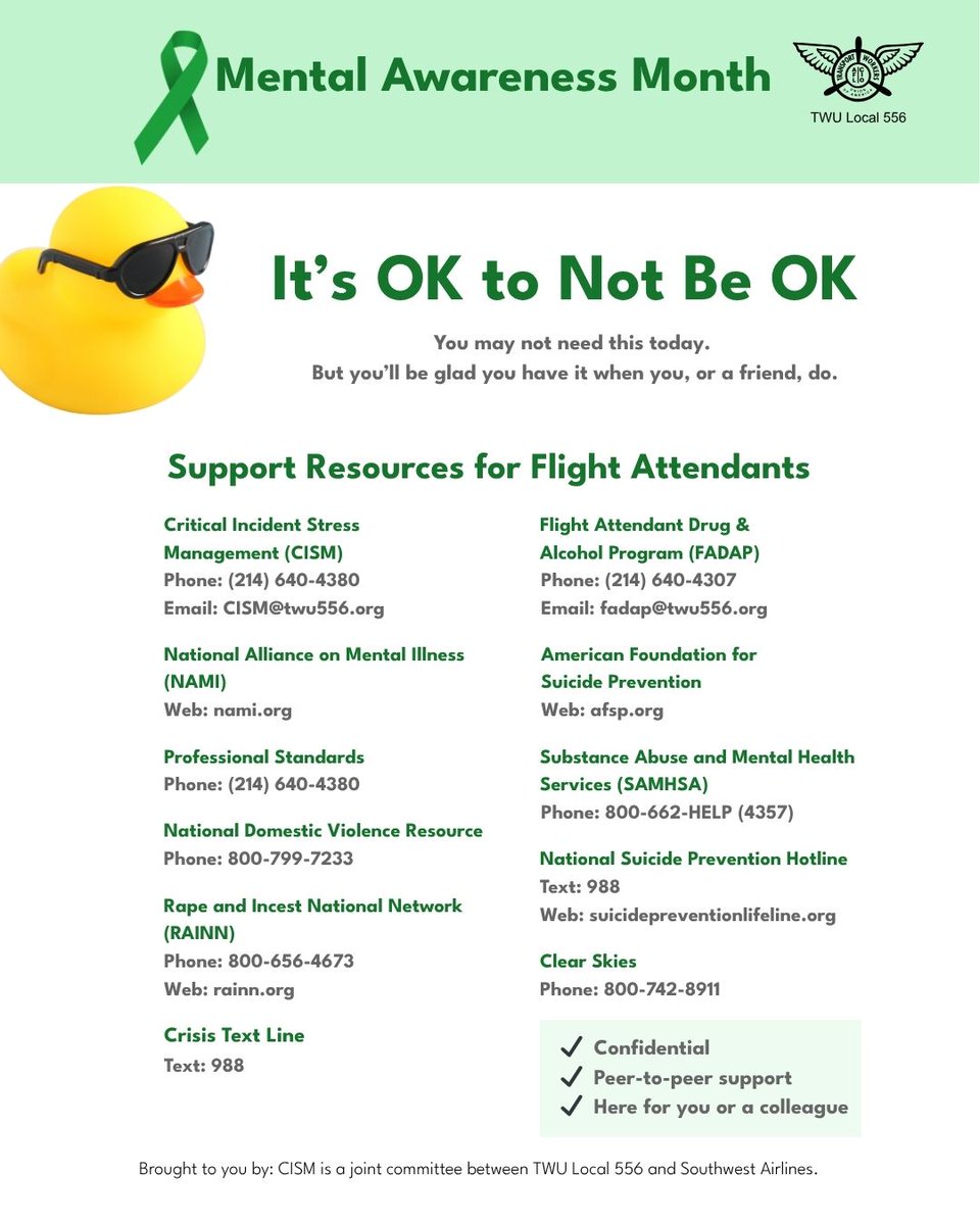 TWU556's tweet photo. This May, we’re recognizing Mental Health Month with a simple idea: More good days, together. As Flight Attendants, we take care of a lot of people. This month is a reminder to take care of ourselves—and each other, too.

Through Critical Incident Stress Management (CISM), you have access to confidential, certified peer-based support from people who understand this job and what comes with it. You may not need that support today. But when you do, it matters to know it’s there. You can reach CISM at (214) 640-4380 or CISM@twu556.org.

#MentalHealthAwareness