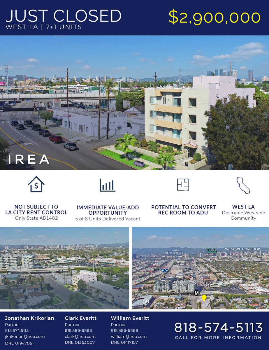 IREA_CRE's tweet photo. Congratulations to Partners Jonathan Krikorian, Clark Everitt, and William Everitt on the successful closing of this West LA 7+1 multifamily asset for $2,900,000. An exceptional value-add opportunity in one of the Westside’s most sought-after rental markets. https://t.co/8OvjGplTtO